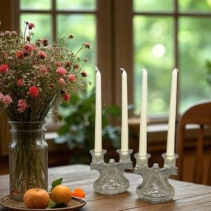 1930s Federal Glass Wigwam Double Clear Glass Candlestick Holder set of 2